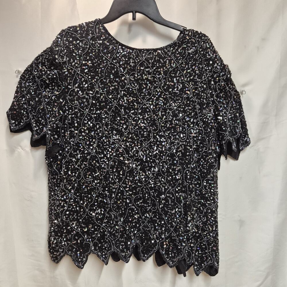 Papell Boutique Evening Womens 2X Black Silk Beaded Sequin Top VTG Old Hollywood
